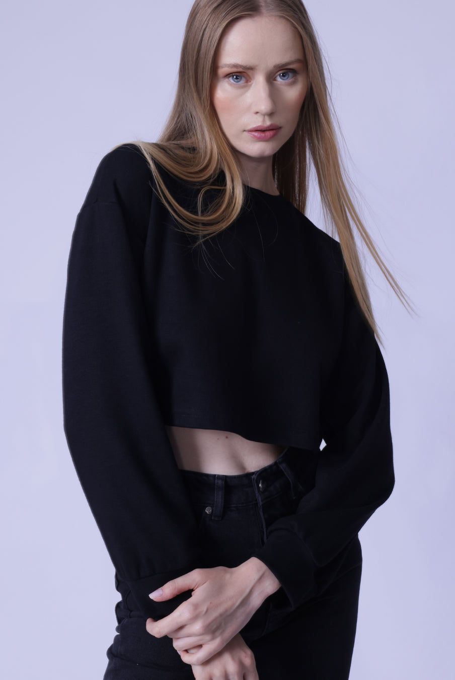 Black Interlock Sweatshirt | Crop & Long Sleeve | GBS Trend