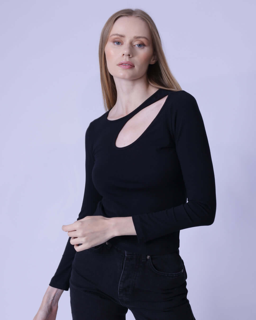 Black Front Cut Out Long Sleeve | Black Cotton Shirt | GBS Trend